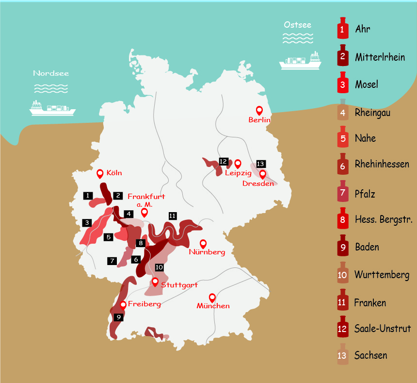 Weinkarte Deutschland und Weinanbaugebiete in Deutschland 13 Anbaugebiete